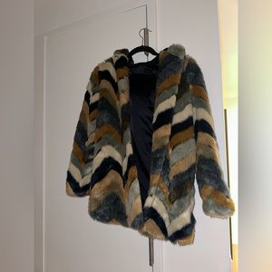 Patterned faux fur coat with hood
